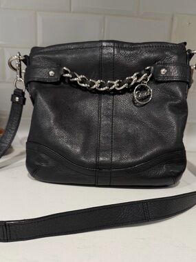 Coach Black Pebbled Leather Shoulder Bag with Silver Chain Charm